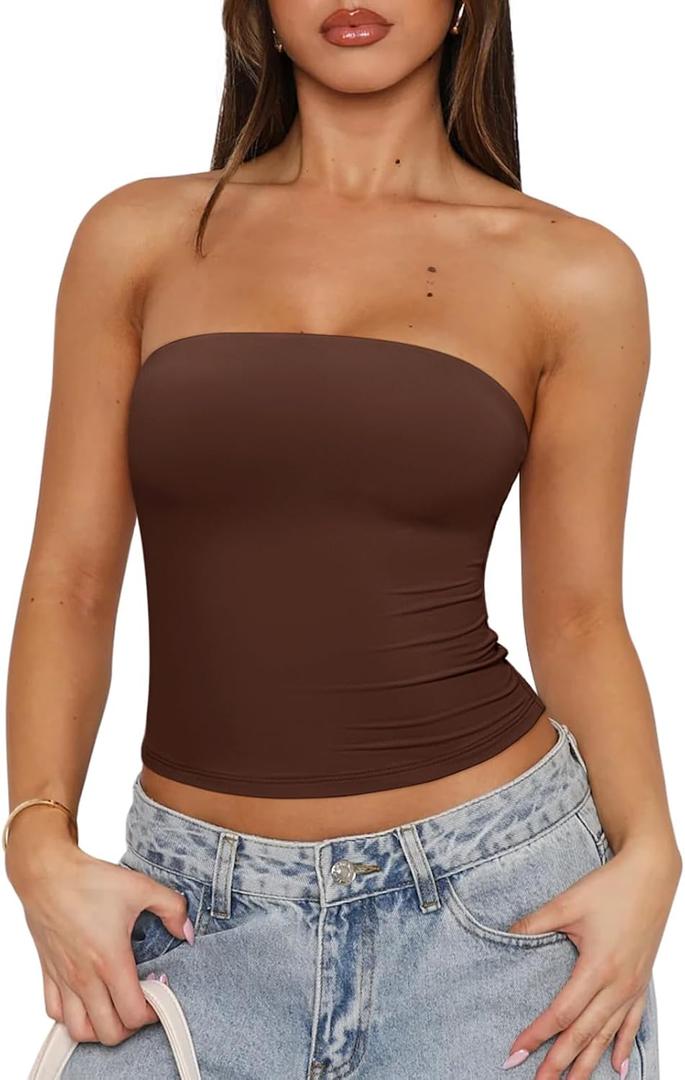 REORIA Women's Strapless Tube Top Double Lined & Non-Slip Y2K Backless Crop Tops for Summer Going Out (Brown, M)