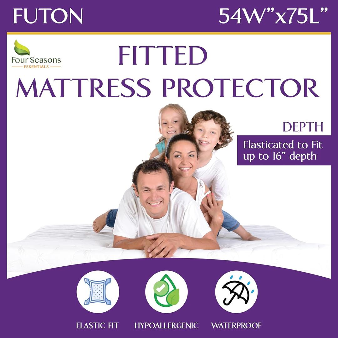 Futon Full (54"x 75") Waterproof Mattress Protector - Fitted Sheet Style - Hypoallergenic Premium Quality Cover Protects Against Dust White