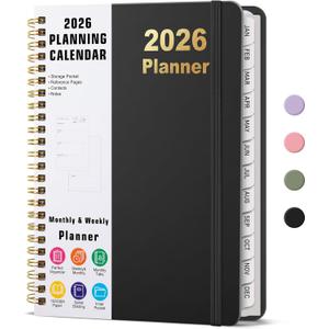 Timart 2026 Planner, Weekly and Monthly Planner, January 2026 - December 2026 Agenda Book, Hardcover 2026 Calendar Planner Book with Tabs, Inner Pocket For Women & Men, Perfect for Office School Home Supplies, A5 (6.3" x 8.5")-Black