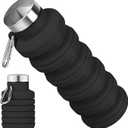 Collapsible Water Bottle, 16oz Portable Reusable Silicone Water Bottle, BPA-Free Leak-Proof Foldable Design with Carabiner, Lightweight Durable for Gym, Travel, Camping, Hiking, Sports-Black