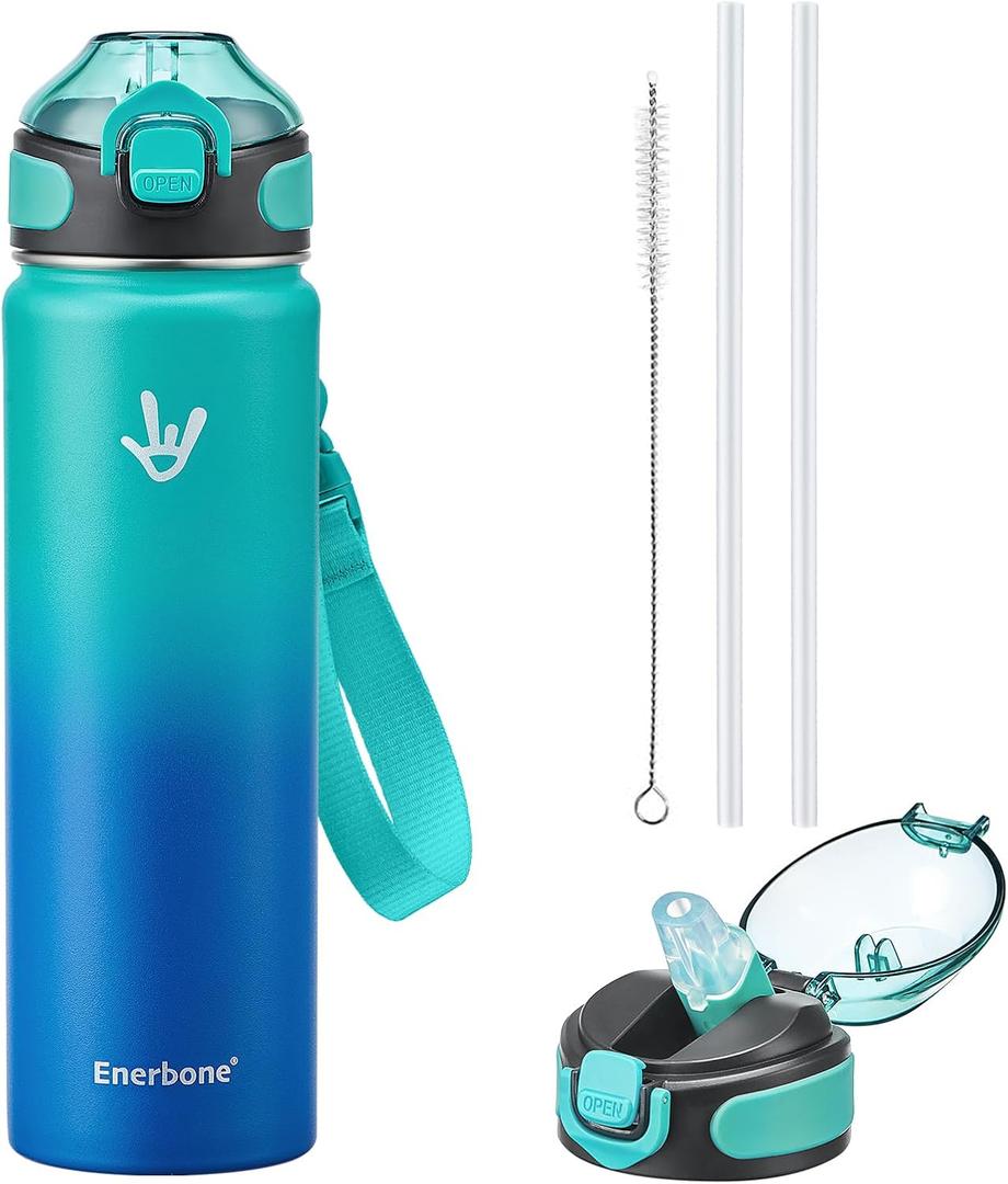 Enerbone 24 oz Insulated Water Bottle, Stainless Steel Bottle with Carrying Strap, Double-Wall Vacuum Insulation Design, Leakproof Sports Bottle with Straw, Keep Drinks Cold or Hot for Hours (Glacier)