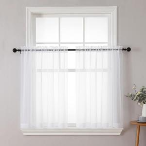 Chyhomenyc White Sheer Curtains 36 inch Length 2 Panels Set, Light Filtering Voile Rod Pocket Short Window Curtians for Bathroom Living Room Farmhouse Small Windows, Each 42Wx36L in, 2PCS, White