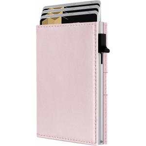 QLD RFID Wallet Women - Small Slim Trifold Wallet Anti-Theft Pop up Card Holder, Minimalist, Ultra Thin, Front Pocket, Premium Leather, 9-11 Cards Capacity | ID Window | Cash Slot (Pink)