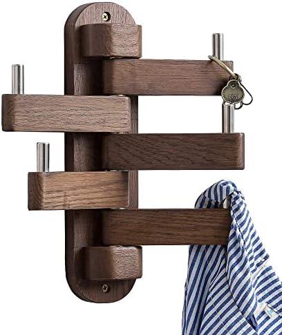 Rsuwiz Coat Hooks for Wall, Oak Wood Wall Hooks with 5 Swivel Foldable Arms, 12'' Length Coat Rack Hat Hooks for Bathroom Entryway Bedroom Office Kitchen, Heavy Duty (Walnut)