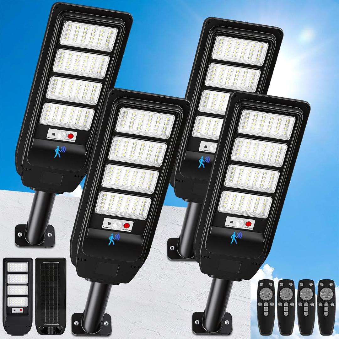 Solar Street Lights Outdoor Waterproof, 4-Pack LED Flood Lights with Motion Sensor, 6500K 18000LM Dusk to Dawn Solar Light Outside, Solar-Powered Commercial Area Security Lighting for Parking Lot Yard