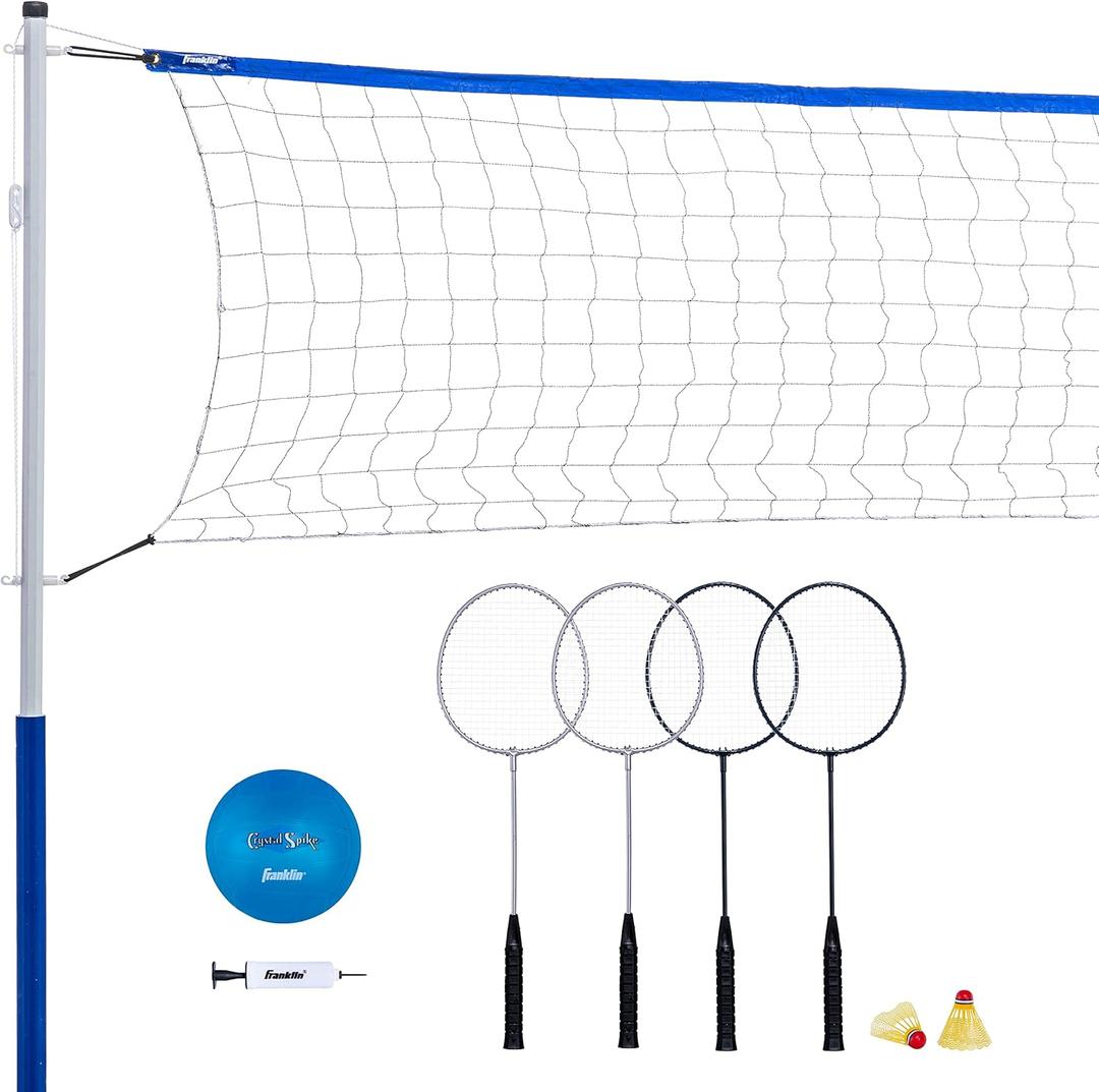 Franklin Sports Volleyball + Badminton Sets - Beach + Backyard Combo Complete Outdoor Lawn Game Set - Volleyball, Pump, Badminton Rackets, Birdies, Net + Poles Included