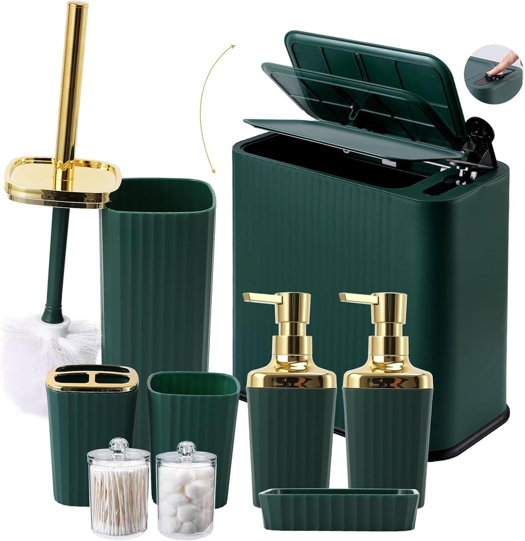 9-Piece Dark Green Bathroom Set with Narrow Trash Can Press Top Lid, Bathroom Accessories Sets with Toilet Brush, Soap Dispenser, Toothbrush Set, Soap Dish & Apothecary Jars for Small Spaces