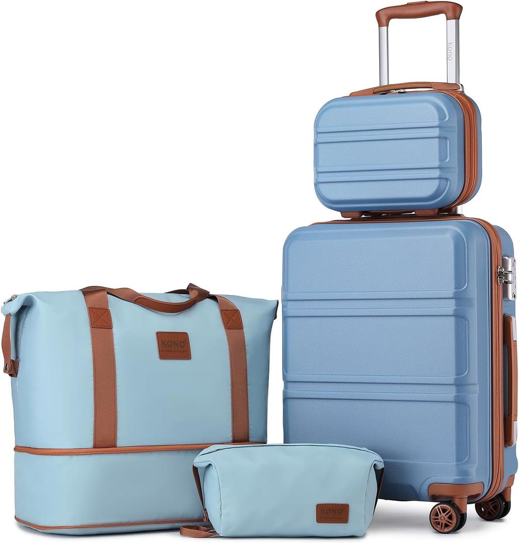 Kono Luggage Set 4 Piece Carry On Lightweight PC+ABS Hardside Luggage with TSA Lock Spinner Wheels Carry On Suitcase Apricot Blue (Carry-On Travel Set (DB/TB/12/20"))