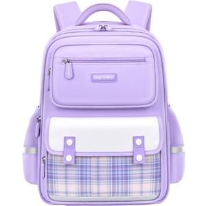 School Backpack for Teen Girls Bookbags Elementary High School Plaid Laptop Bags Women Travel Daypacks Purple Small