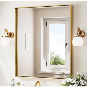 Keonjinn 30 x 36 in Brushed Gold Bathroom Mirror for Over Sink Metal Framed Rectangular Wall Mirror Shiny Gold Mirror for Vanity Aluminum Alloy Brass Gold Rectangle Mirror (Horizontal/Vertical)