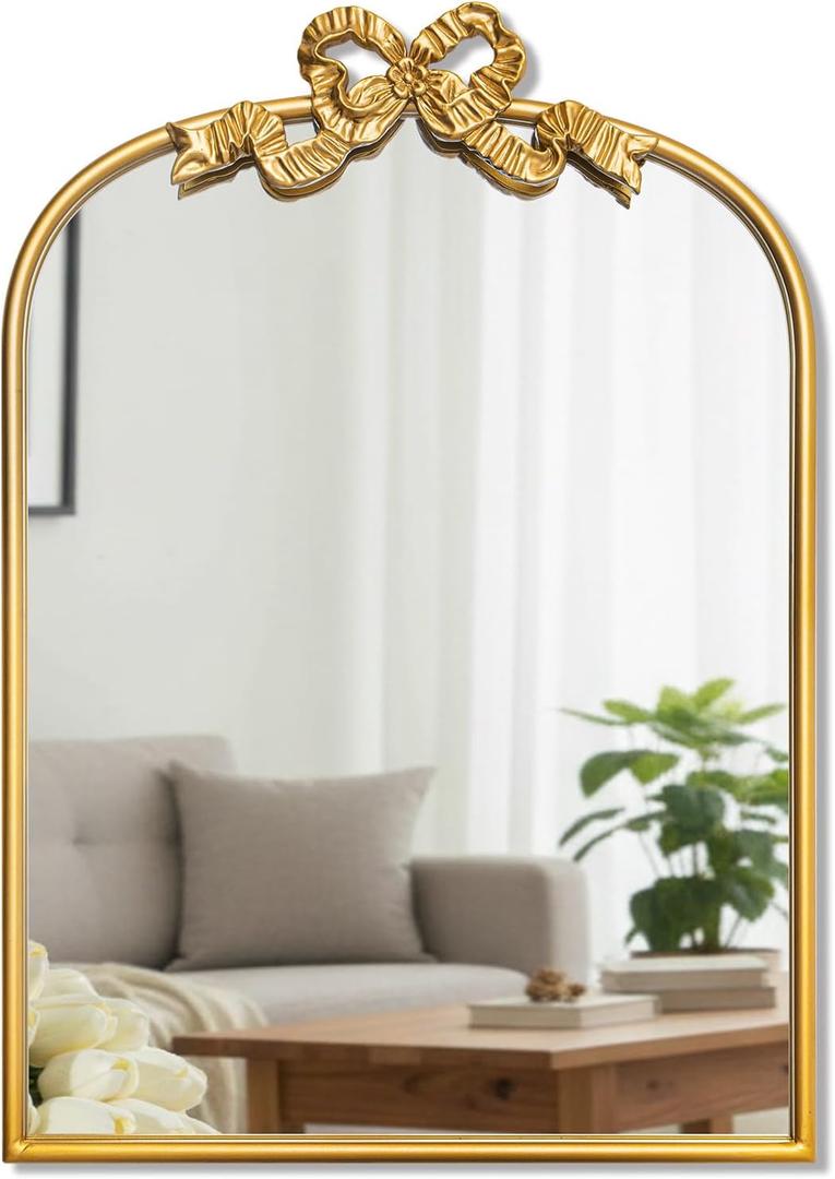Vercraft Gold Bow Mirror 27"x19" Vintage Arched Vanity Wall Decorative Mirror with Metal Frame Antique Baroque Bow Decor for Home Dressing Table Entryway Bathroom Hallway Living Room