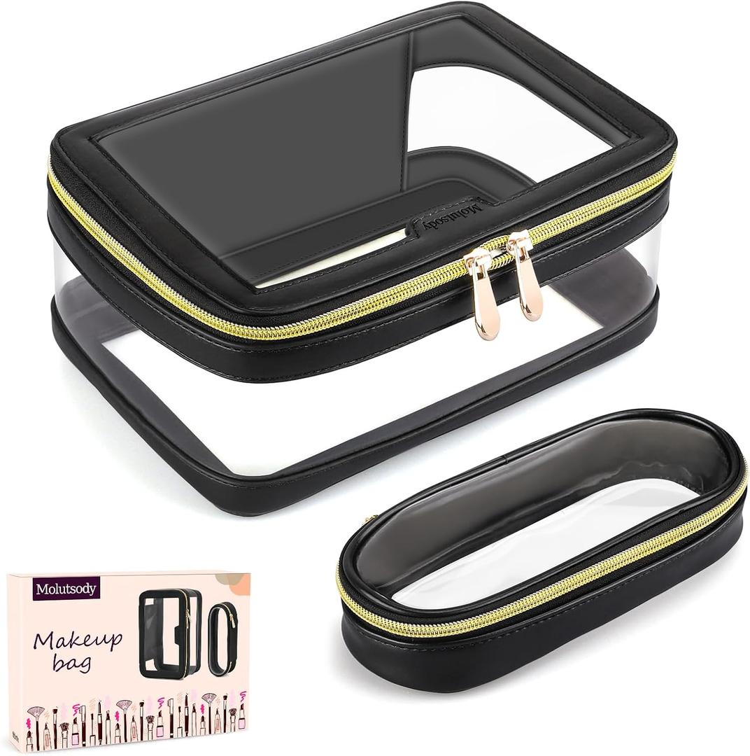 2 x Molutsody Clear Makeup Bag with Makeup Brush Bag, Clear Cosmetic Bags Travel Toiletry Bag, Portable Waterproof Cosmetic Organizer Storage Bag for Women (Black)