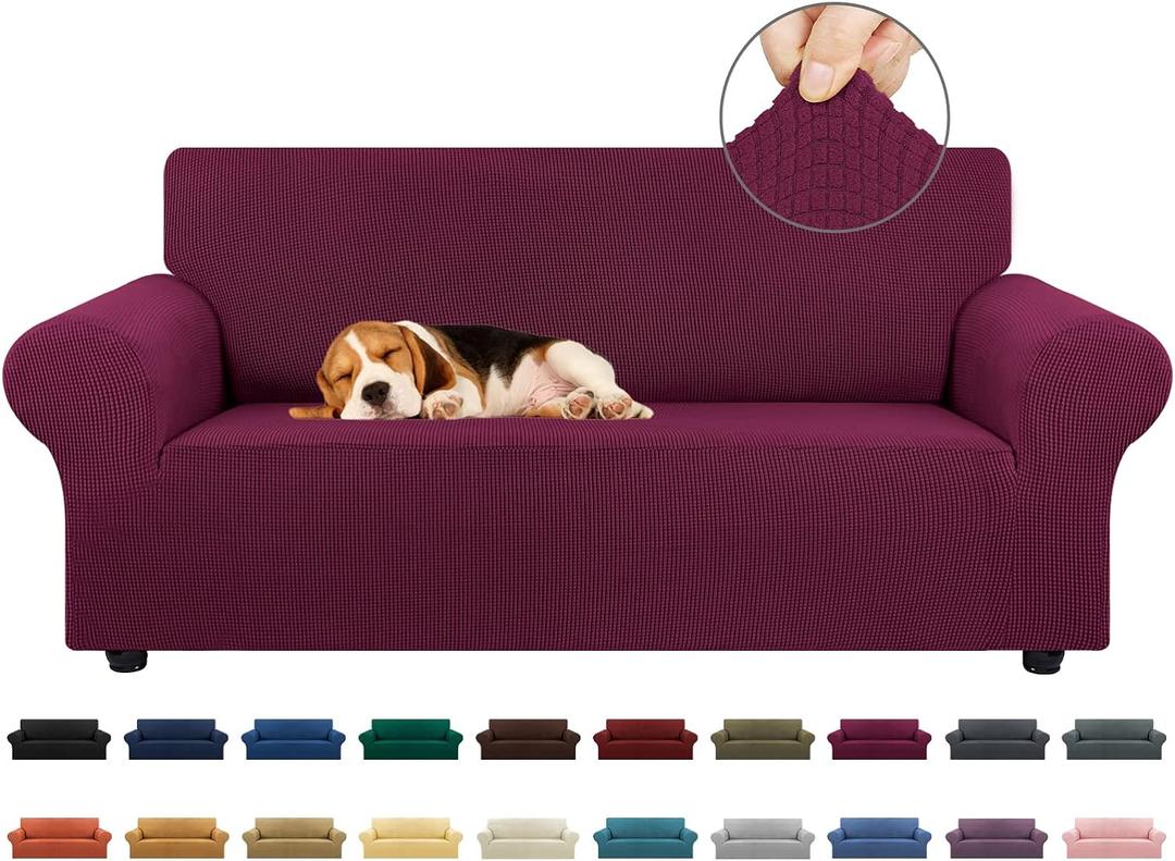 KEKUOU Stretch Loveseat Sofa Cover Slipcover,Couch Covers for 2 Cushion Couch Sofa (55"-78") Furniture Protector Sofa with Elastic Bottom for Kids,Dog. Jacquard Small Checked (Medium,Wine)
