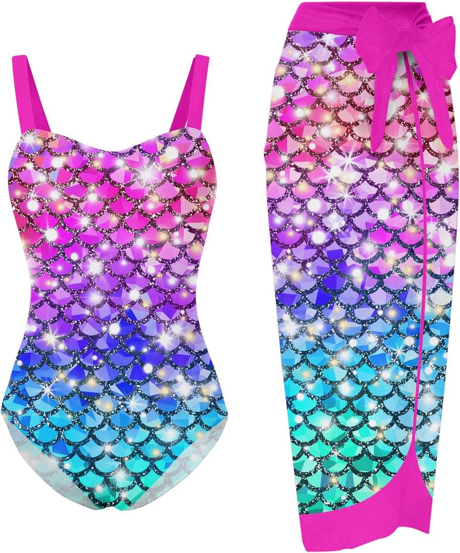 UNIFACO Girls One Piece Swimsuit with Cover Up Skirt 2 Piece Bathing Suit Swimwear Sets (10 Years, A-pink Mermaid)