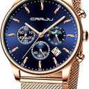 CRRJU Men's Fashion Casual Watches Auto Date Chronograph Watch Men Nice Work Watches Waterproof 30M Full Steel Quartz with Mesh Strap (Rose Blue)
