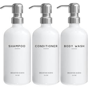 White Shampoo and Conditioner Dispenser Set by Brighter Barns - Shower Dispenser for Bathroom - Refillable Plastic Shampoo Bottle & Stainless Steel Pump - Shampoo Dispenser for Vacation Rental (White) (Silver)