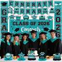 2026 Graduation Decorations, Teal Graduation Decorations Set with Congrats Grad Banner & Backdrop, Porch Sign, Hanging Swirls, Balloons, Honeycomb Centerpieces for Congrats Grad Party Decorations