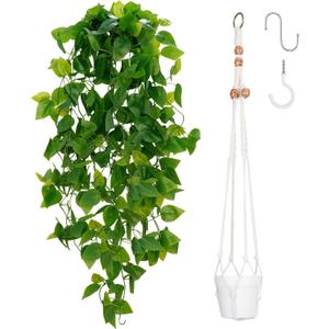 BLEUM CADE 1pcs Fake Hanging Plants Kit with Pot and Plant Hanger, Artificial Pothos Vines Hanging Potted Plant Greenery for Home Living Room Indoor Outdoor Decor