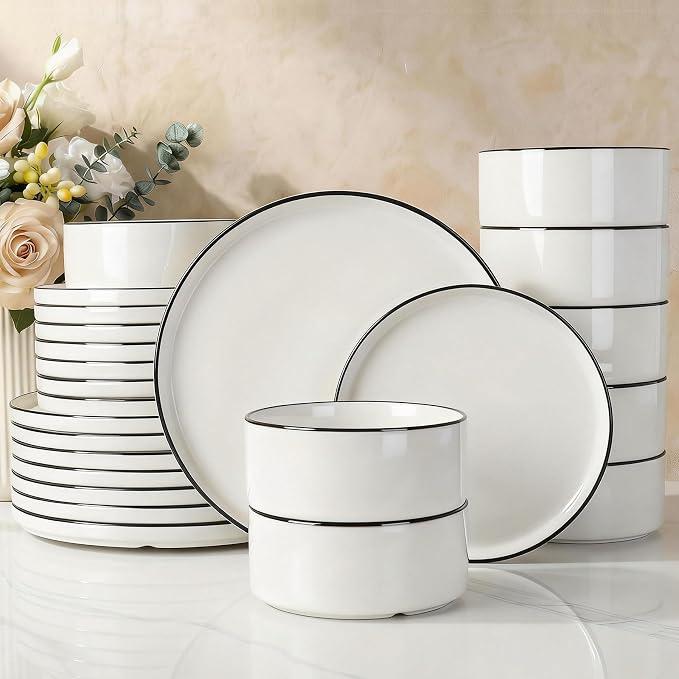 Famiware Porcelain 24-Piece Dinnerware Set, White with Black Trim
Plates and Bowls for 8, Dishwasher & Microwave Safe, Chip & Scratch Resistant, Ideal for Everyday & Formal Use
