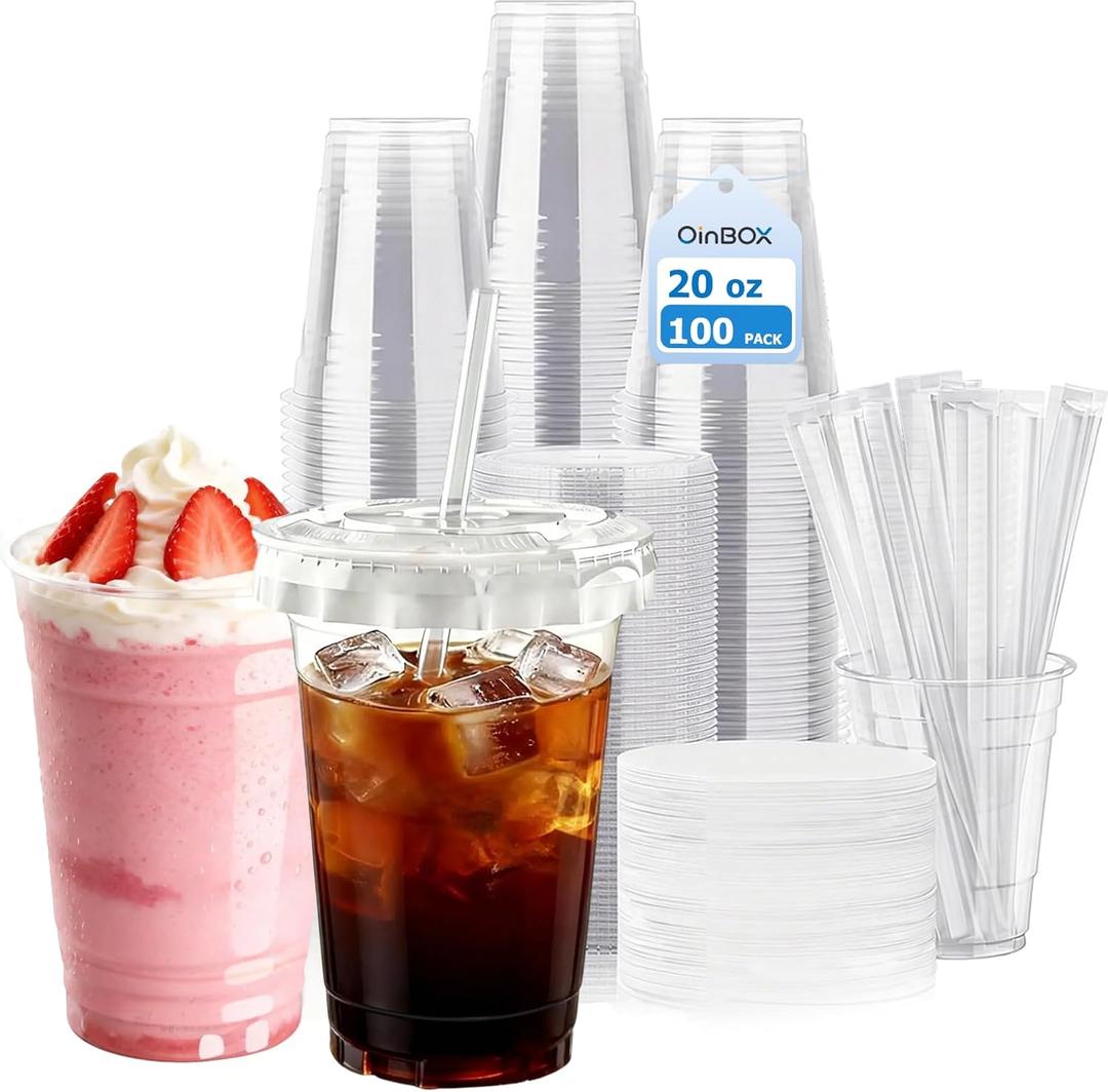 100 Pack - 20 oz Iced Coffee Cups with Lids and Straws, Disposable Plastic Clear Cups with Paper Liner for Cold Drinks, Milkshakes, and To-Go Beverages, BPA-Free