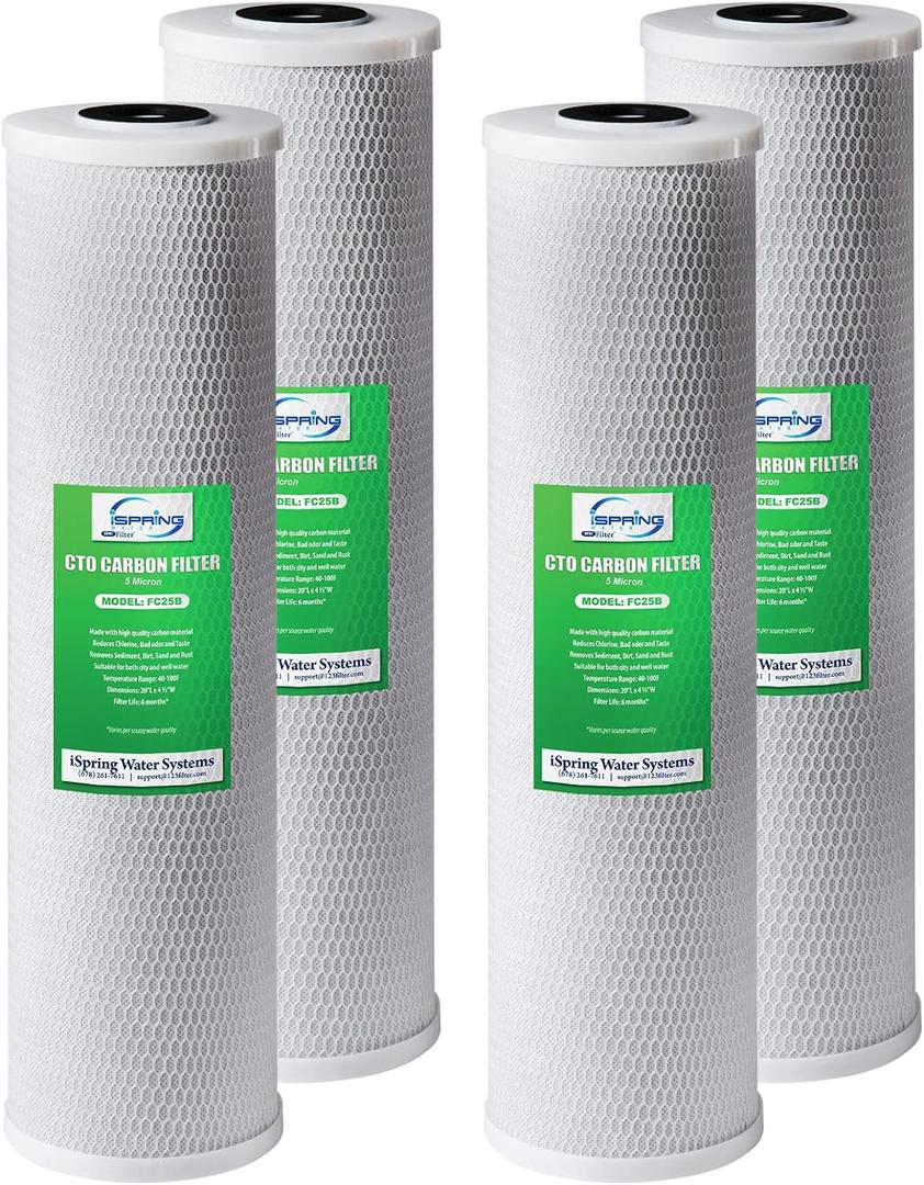 iSpring FC25BX4 High Capacity 4.5" x 20" Whole House Water Filter CTO Carbon Block, 4 Count (Pack of 1), White