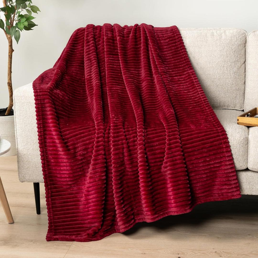 PAVILIA Super Soft Fleece Throw Blanket Burgundy Wine Red, Luxury Fuzzy Plush Flannel Throw, Warm Cozy Ribbed Microfiber Blanket for Sofa Couch Bed, Lightweight Striped Blanket, Wine, 50x60