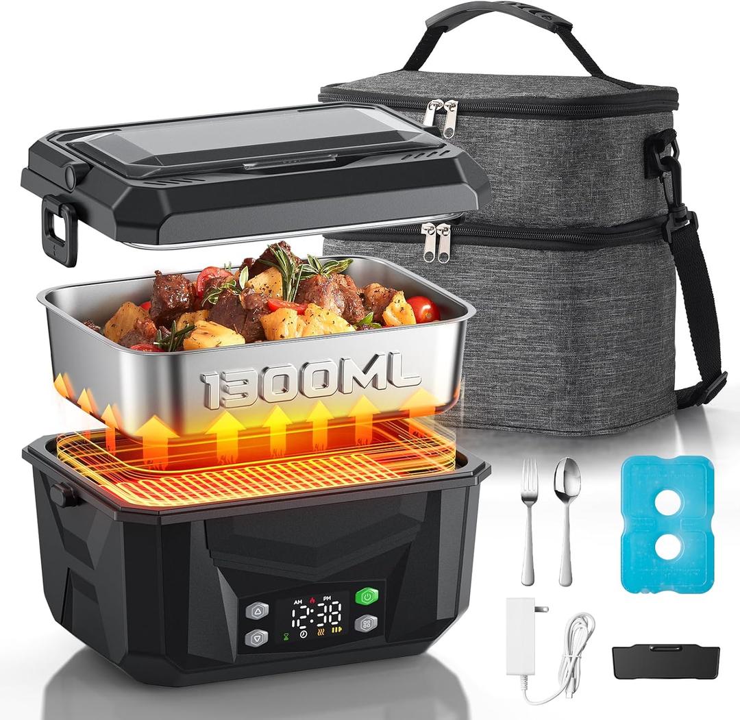 100W Heated Lunch Box for Adults, 5.5 Cups Food Grade Stainless, Automatic Scheduled Heating, Portable Food Warmer for Truckers, Construction, Work with Insulated Bag, Black