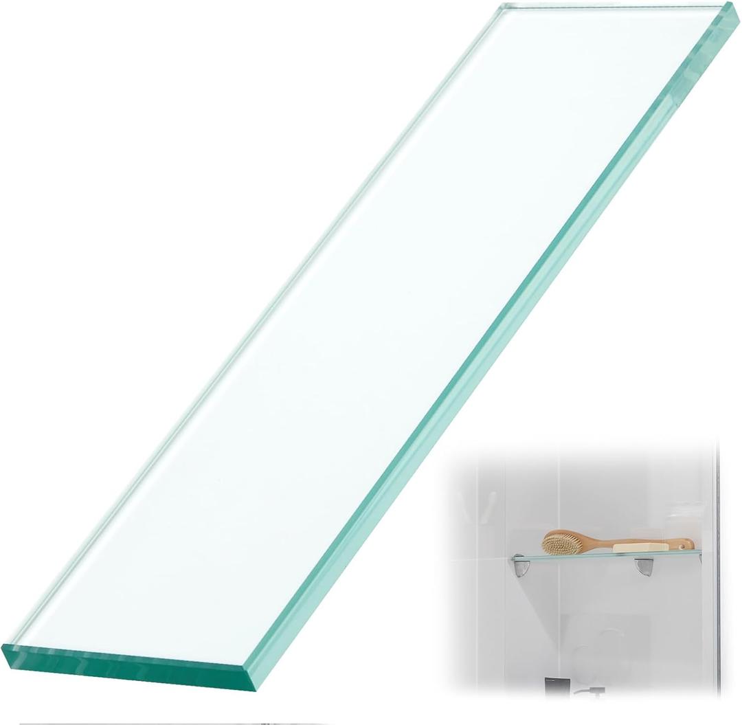 Teenyyou 1 Pcs 3-3/8" x 12" 3/8" Glass Shelf for Shower Niche, Tempered Glass Shelf Floating Shelves for Bathroom Essentials DIY Storage Decoration, Easy Install Support Plate
