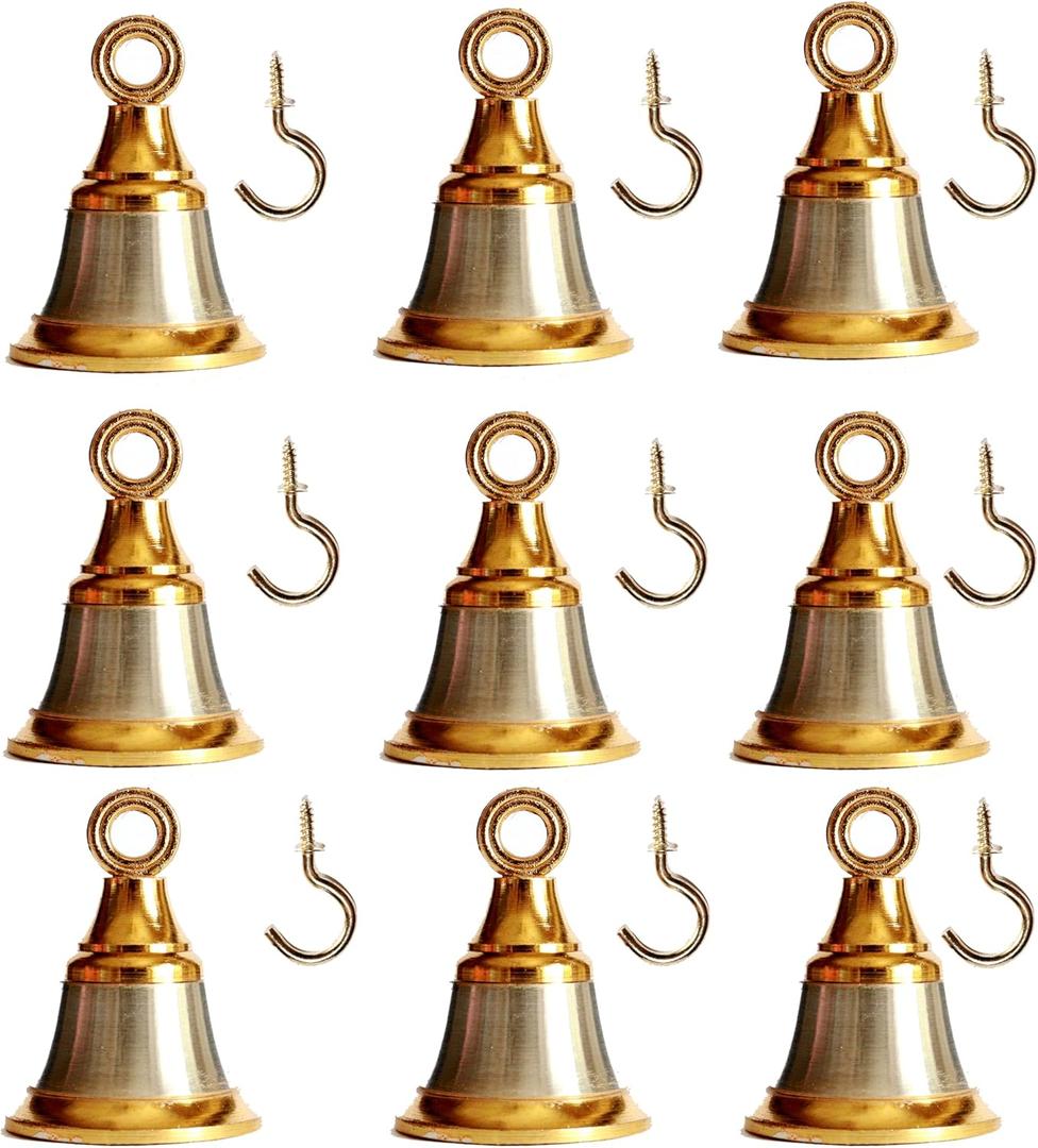 Solid Brass Pooja Bells with J Hook Home Decor Christmas Bells Wall Hanging Jingle Bell Ornaments New (6, Golden & Silver Bell 2 INCH)