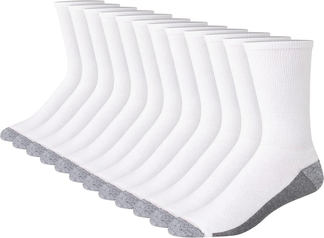 Hanes Men's Max Cushioned Crew Socks, Moisture-Wicking with Odor Control, Multipack (12-14, White/Grey Foot Bottom - 12 Pack)