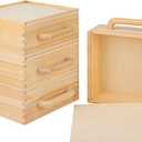 4 PCS Wood Boxes for Crafts, 7.68 x 7.68 x 3.35 Inch Wooden Box with Sliding Lid, Unfinished Wood Box with Handle for Party, DIY, Birthday