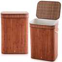 2 Pack 21 Gallon Bamboo Slim Trash Can with Lid Large Foldable Slim Rectangular Garbage Can Bamboo Waste Basket for Bathroom Bedroom Office Home Salon Spa (Coffee)
