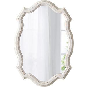 Small Rustic Scalloped Oval Mirrors for Bathroom 13 X 19 Inch, Distressed White Hanging Vintage Mirror, Farmhouse Wood Frame Gothic Wall Mounted Makeup Mirror for Bedroom Hallway Entryway