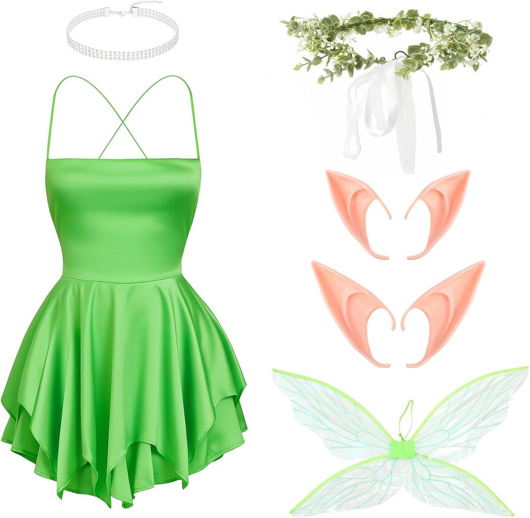 Foaincore 6 Pcs Halloween Fairy Costume Women's Dress Rhinestone Necklace Garland Headband Elf Ears Wings Role Play (Medium)