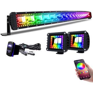 Lpteso RGBW Curved LED Light Bar 50Inch 288W Flood Spot Combo Beam 2PCS 4 Inch 18W Flood RGB LED Pods with 16 Solid Colors Chasing RGB Halo Ring Changing with Strobe Flashing with Rocker Switch Wiring