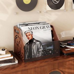 Vinyl Record Storage, Rustic Hollow-Design Wooden Record Holder, Holds Up to 70+ Records, Album Record Crate, Magazine Holder for Home Decor and Collection Display