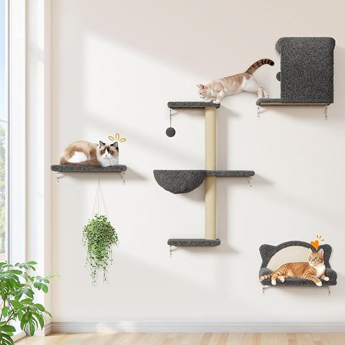 5in1 Cat Wall Shelves, Solid Wood & Velvet & Sisal Scratcher, 44lbs Max Load, Wall Mounted Cat Furniture for Climbers, Cat Climbing Wall System, Fits Drywall & Solid Walls  Dark Gray