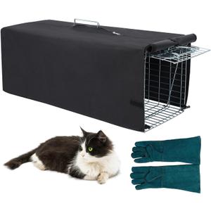 Live Animal Trap Cage with Cover and Gloves, Heavy Duty Folding Animal Traps Cage for Stray Cats, Humane Cat Trap for Raccoon, Squirrel, Skunk, Catch and Release - (32 x 10 x 12 inches)