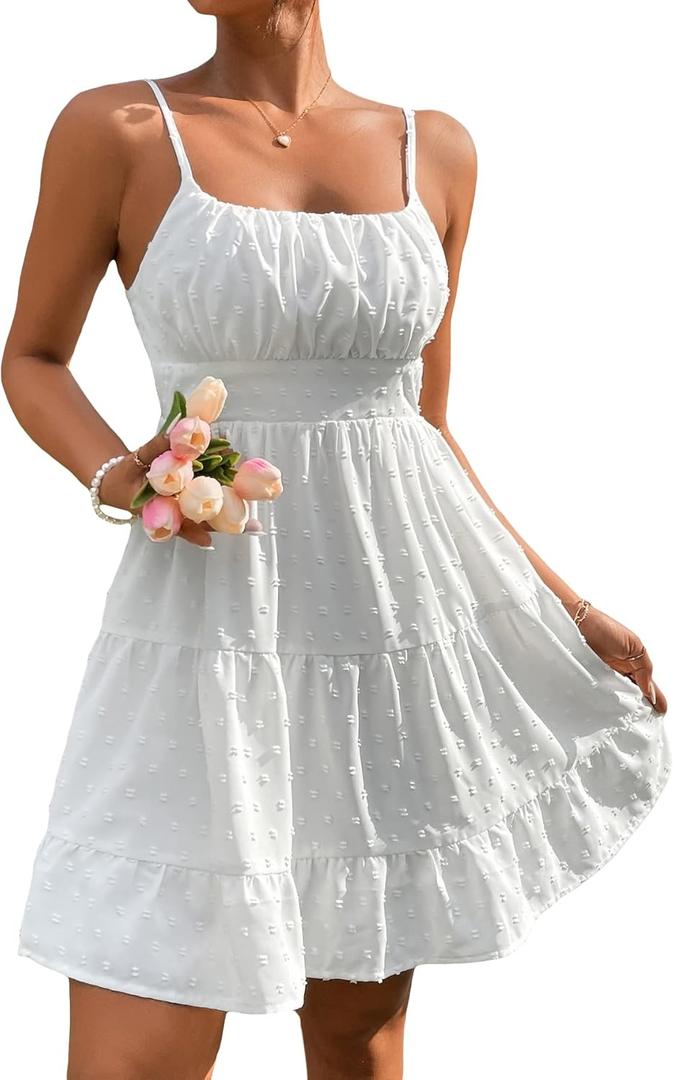 Floerns Women's Swiss Dots Sleeveless Ruched Bust Ruffle Hem Cami Short Dress (Large, White)