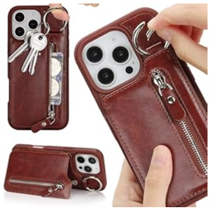 Ｈａｖａｙａ for iPhone 14 case Wallet with Card Holder for Women Men Shockproof Phone case iPhone 13 with Keychain Ring Stand Leather Zipper Credit Card Slots-Deep Brown