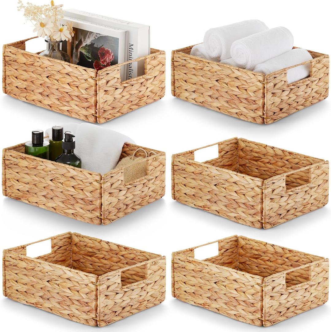 BLUEWEST Water Hyacinth Storage Baskets (Set of 6)  Woven Hyacinth Organizer with Carrying Handles, Laundry Basket for Organizing, Rattan Bin for Shelves (Rectangular Basket_Pack 6_Natural, Natural)
