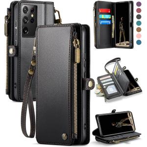 Defencase Compatible with Samsung Galaxy S21 Ultra Case Wallet with RFID Blocking Card Holder for Women Men, PU Leather Magnetic Snap Flip Zipper Strap Wallet Case Fit for Galaxy S21 Ultra 5G, Black