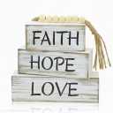 Christian Table Centerpiece Decor, 4 pcs Rustic Wooden Stacked Blocks with Faith Hope Love Signs, Wood Bead & Jute Tassel, Tiered Tray Decor for Home Office Mantle Living Room, Gifts for Christians