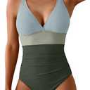 Aidonger Women's One Piece Color Block Swimsuit Tummy Control Slimming Bathing Suit V Neck Cutout High Waisted Swimwear Medium
