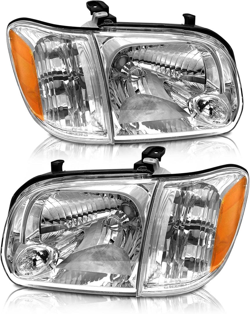 AS Headlight Assembly Compatible with2005 2006 Toyota Tundra Double/Crew Cab and 200-2007 Sequoia Headlamp Chrome Housing Driver and Passenger Side(Not compatible with Regular Cab and Access Cab) (Chrome Housing Amber Reflector Clear Lens)