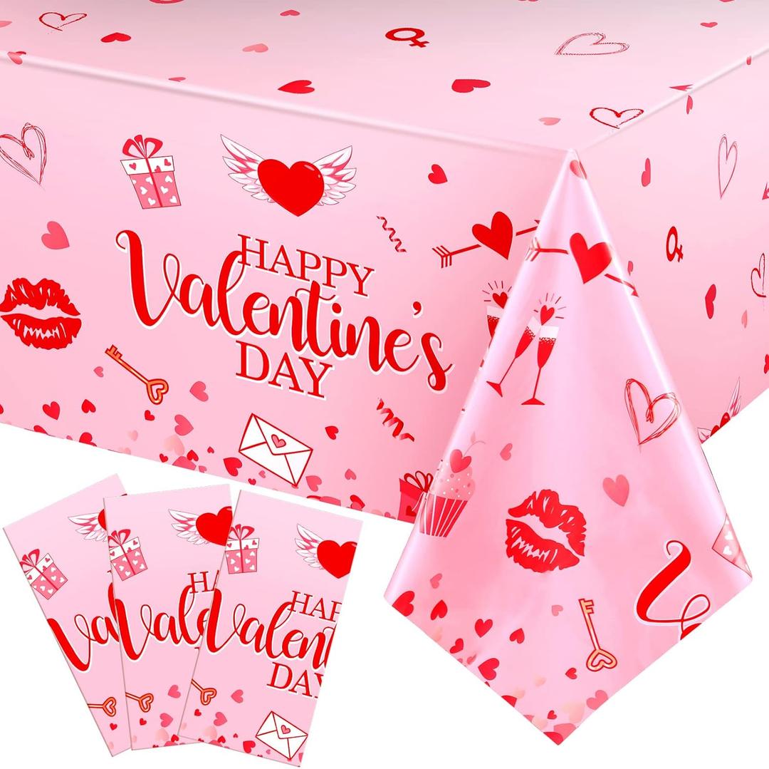 Tatuo 3 Pack Valentines Day Table Cloth Happy Valentine Tablecloth Decoration Plastic Rectangular Love Heart Tablecloth Table Cover Wedding Anniversary Birthday Decor 54 x 108 Inch(Pink)