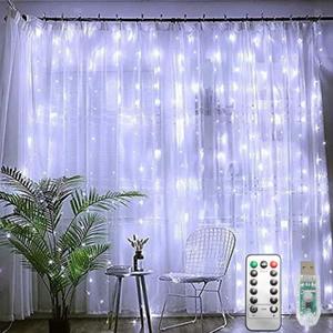 PUHONG Curtain String Lights, 300 LED Fairy Lights with 8 Light Modes, 9.8x9.8Ft Remote Controlled Plug-in Fairy String Lights for Christmas, Bedroom, Indoor, Outdoor, Weddings, Party Decor (White) (Copper Wire-White)