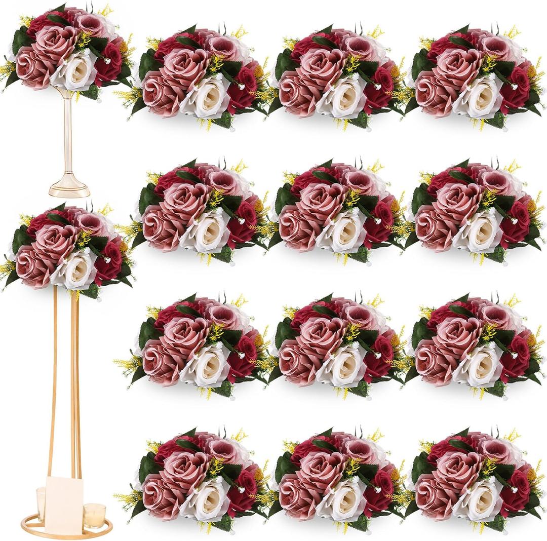 Hotop 12 Pcs Artificial Rose Flower Balls for Centerpieces, Silk Roses Kissing Balls Romantic Faux Floral Arrangements for Engagement Wedding Home Decor (Burgundy,Dusty Pink,Creamy White)
