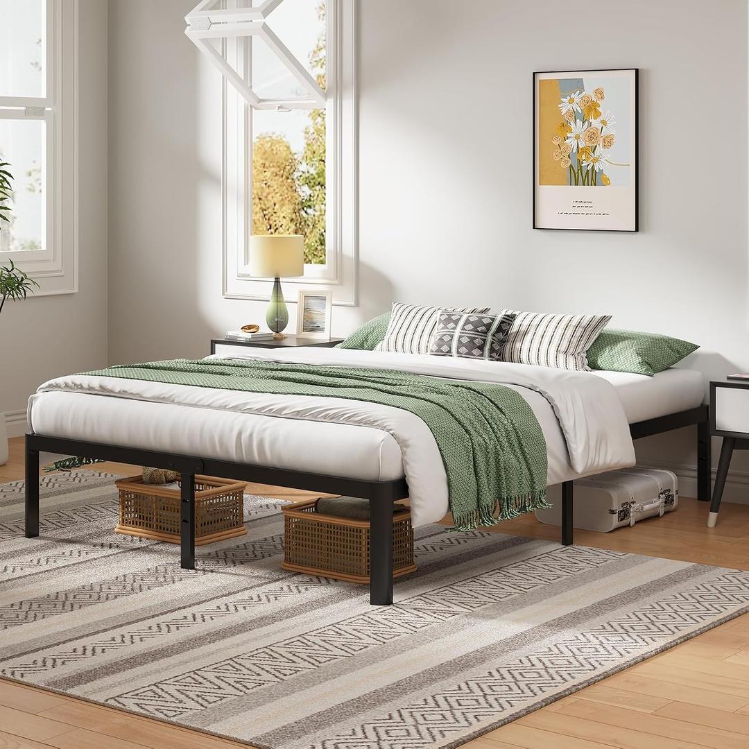 Full Metal Bed Frame with Round Corner Legs, 14 Inch Platform Bed Heavy Duty Steel Slats Support, Noise Free No Box Spring Needed Easy Assembly(14F,Black)