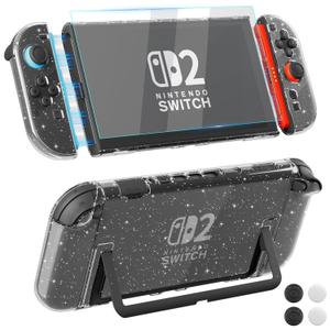 GLDRAM [Easy Docking Version] Case for Nintendo Switch 2 (2025), Dockable Hard Shell PC Protective Skin Cover with Screen Protector & 4 Thumb Grips for Switch 2 Console & Joycon - Clear Glitter